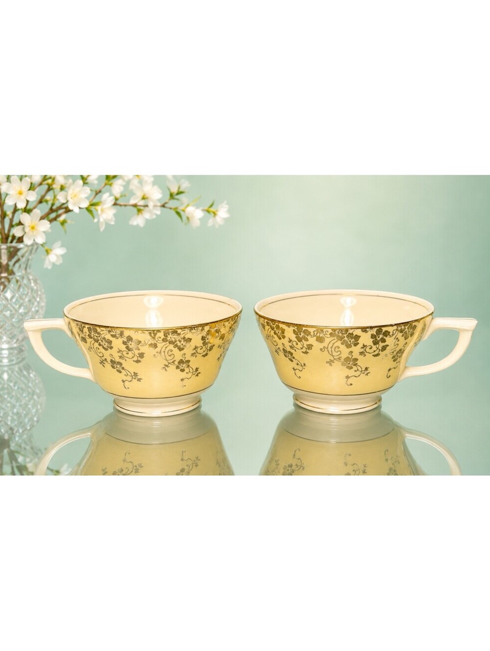East End China Co 1900s Pair Of Teacups Gold Floral Chintz Buttercream, 4x2.5”